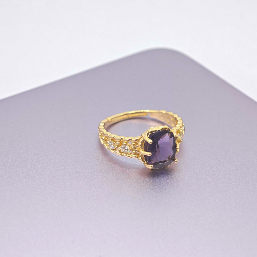 “Toujours” Adjustable Ring — Faux Amethyst Blossom, 14K-Gold Plated