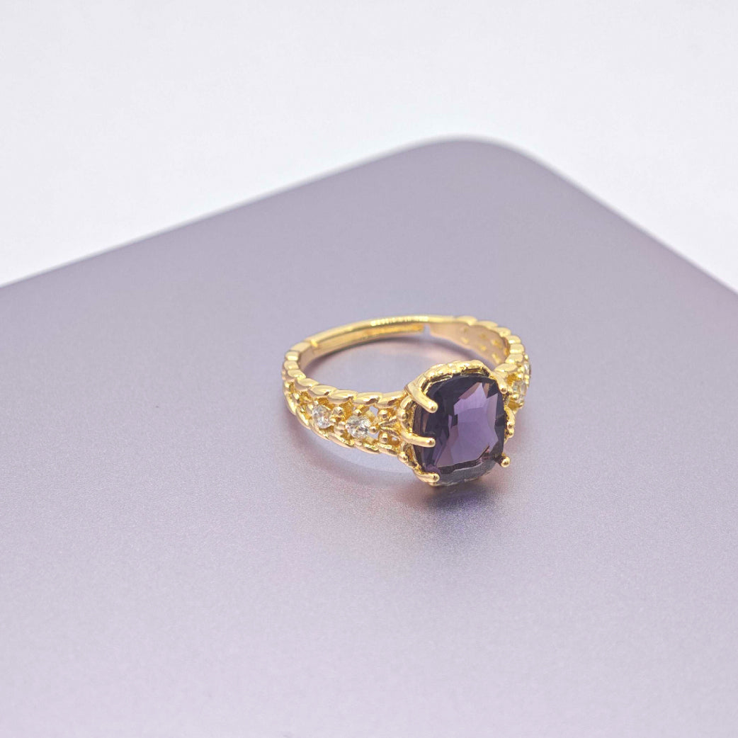 “Toujours” Adjustable Ring — Faux Amethyst Blossom, 14K-Gold Plated