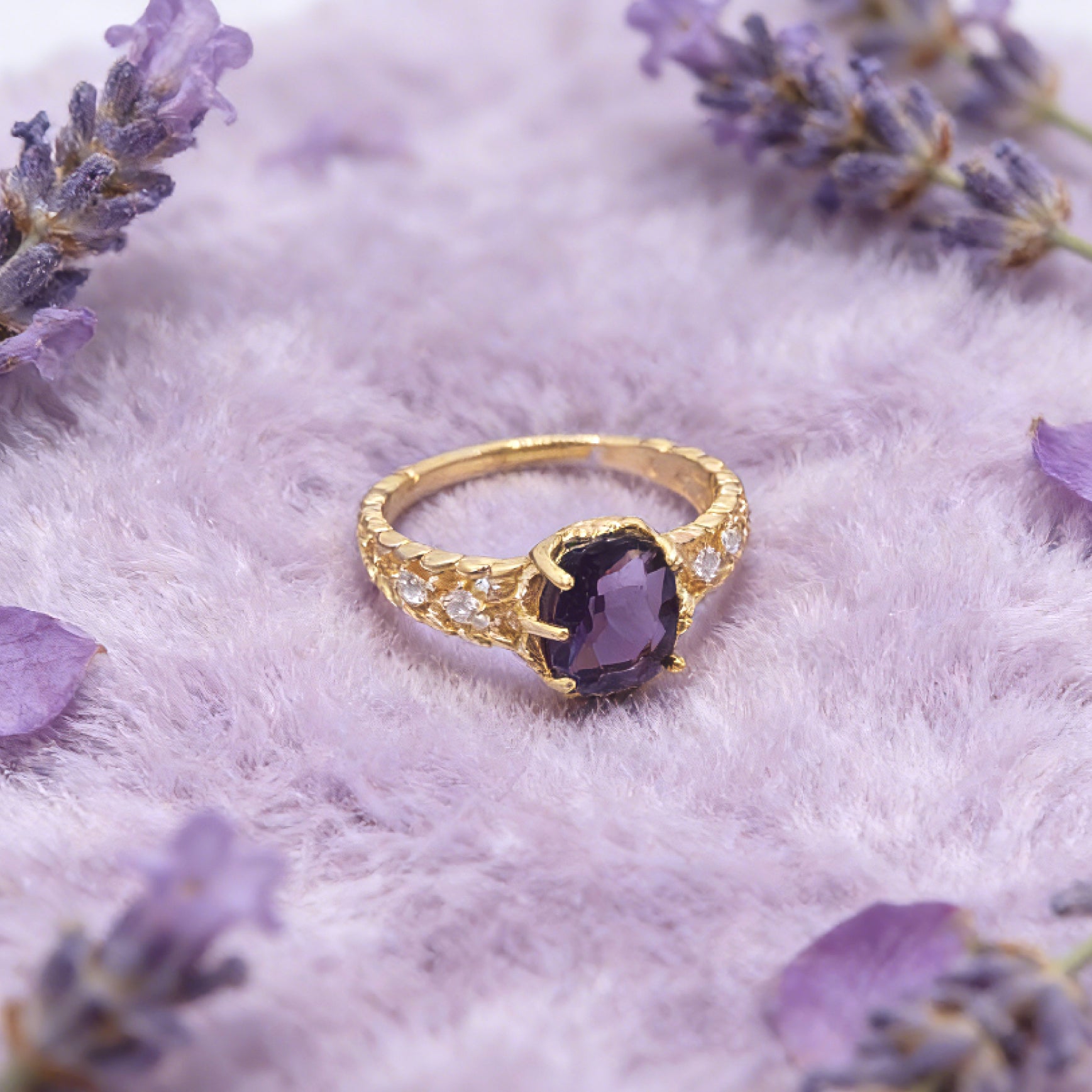 “Toujours” Adjustable Ring — Faux Amethyst Blossom, 14K-Gold Plated
