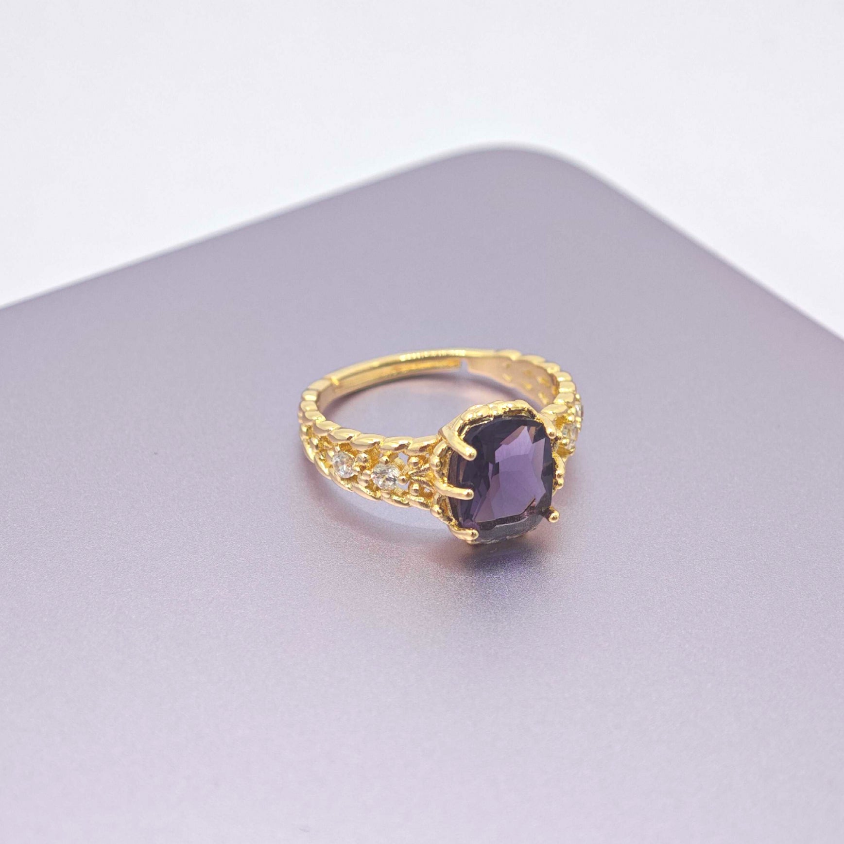 “Toujours” Adjustable Ring — Faux Amethyst Blossom, 14K-Gold Plated