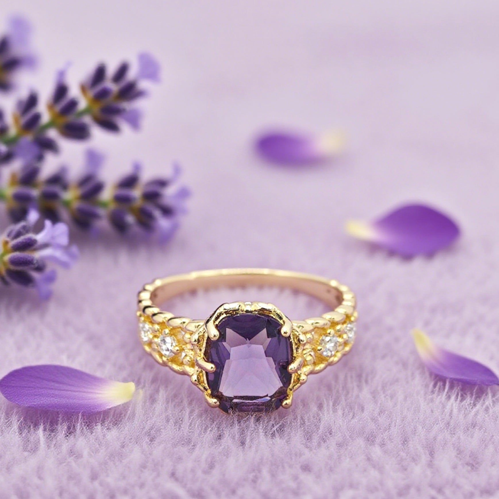 “Toujours” Adjustable Ring — Faux Amethyst Blossom, 14K-Gold Plated