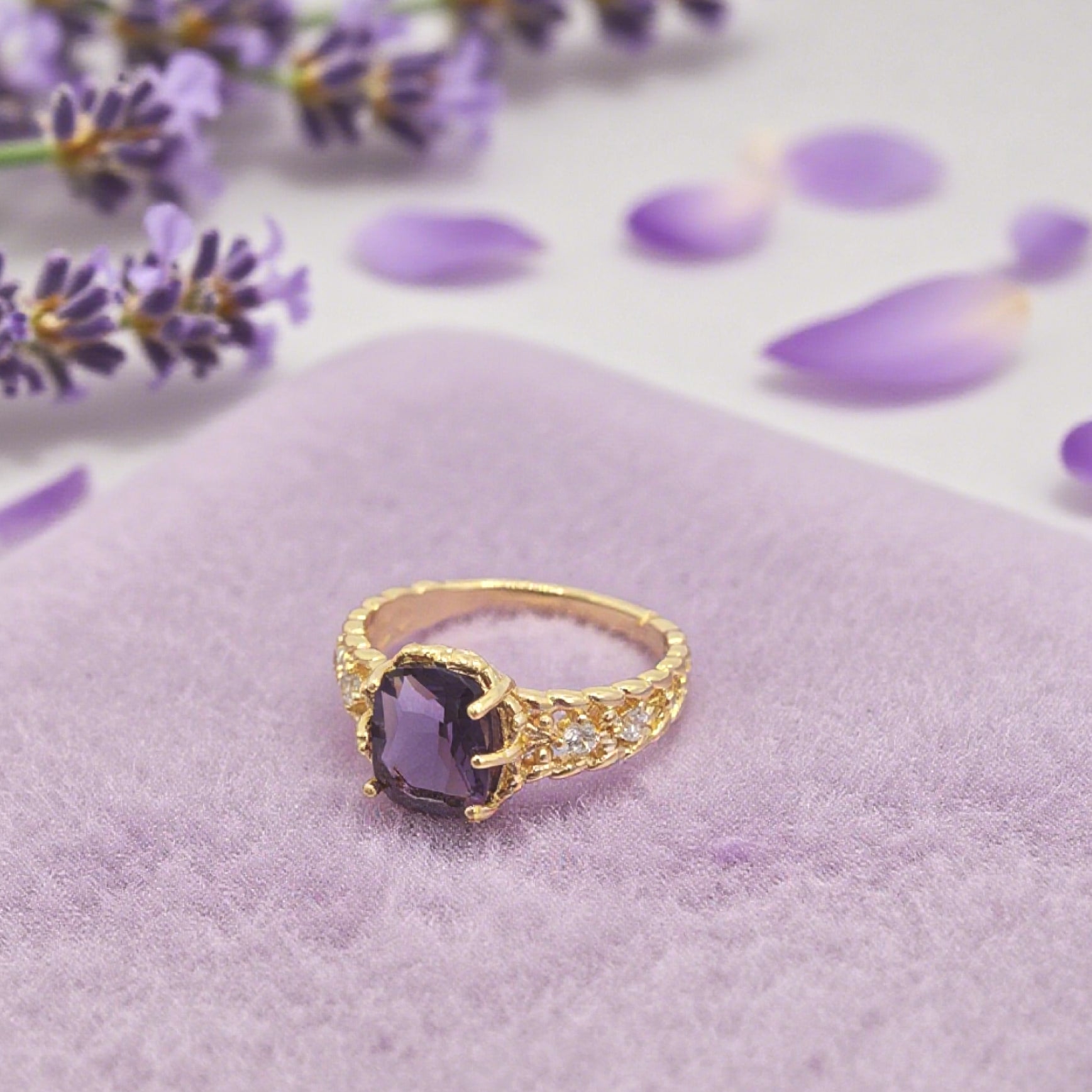 “Toujours” Adjustable Ring — Faux Amethyst Blossom, 14K-Gold Plated