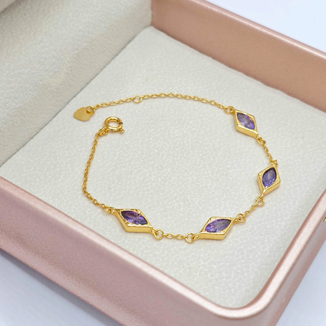 “Lien” Bracelet — Diamond-Link Faux Amethyst, 18K-Gold Plated