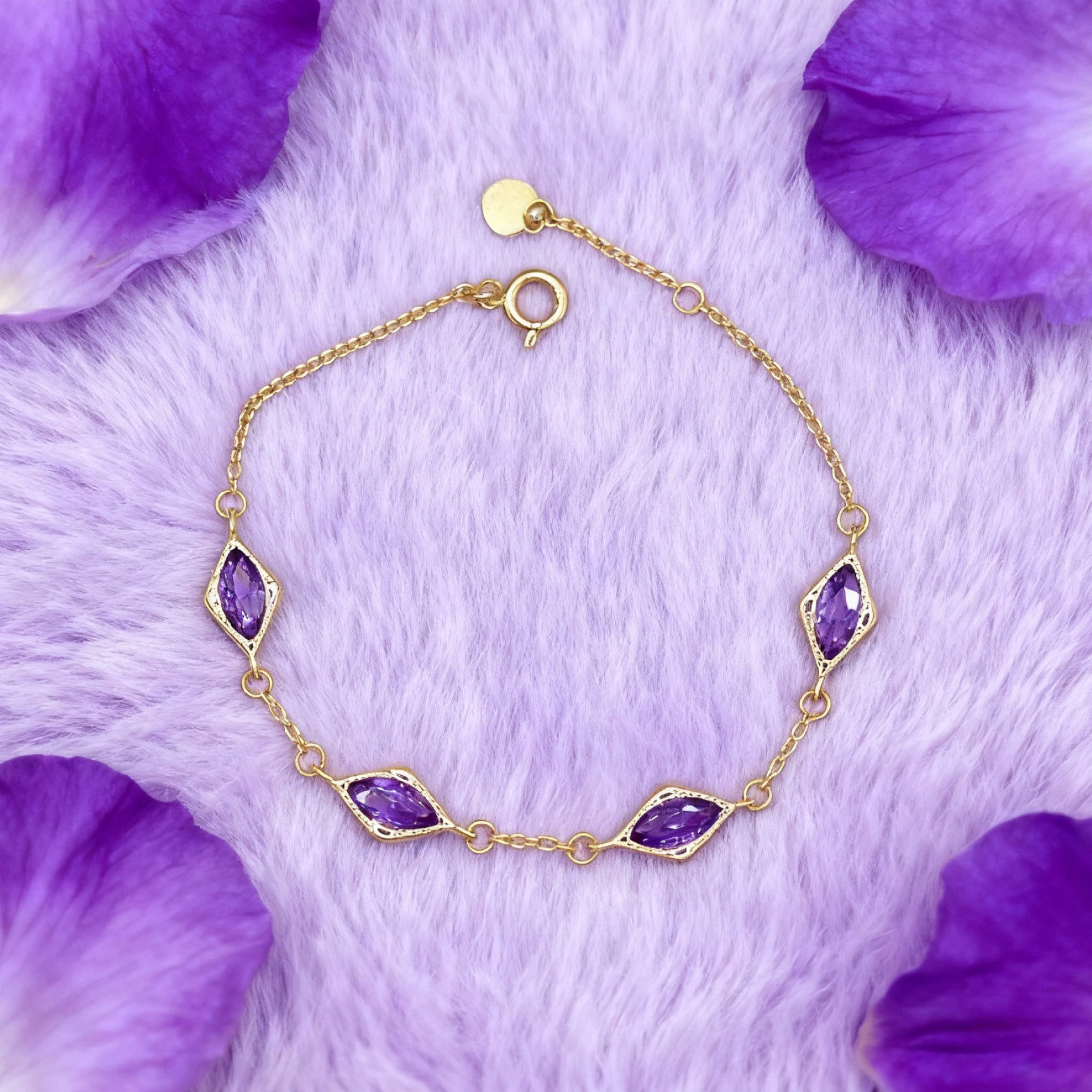 “Lien” Bracelet — Diamond-Link Faux Amethyst, 18K-Gold Plated