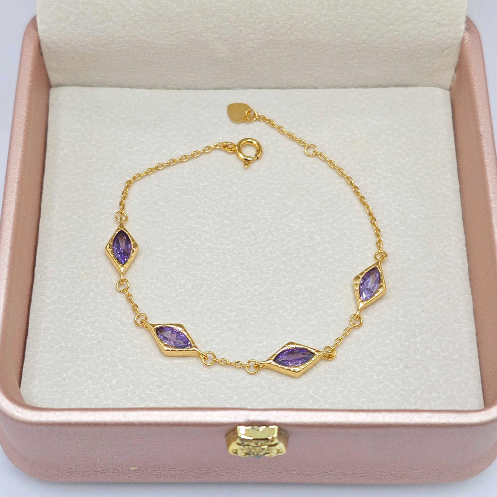 “Lien” Bracelet — Diamond-Link Faux Amethyst, 18K-Gold Plated