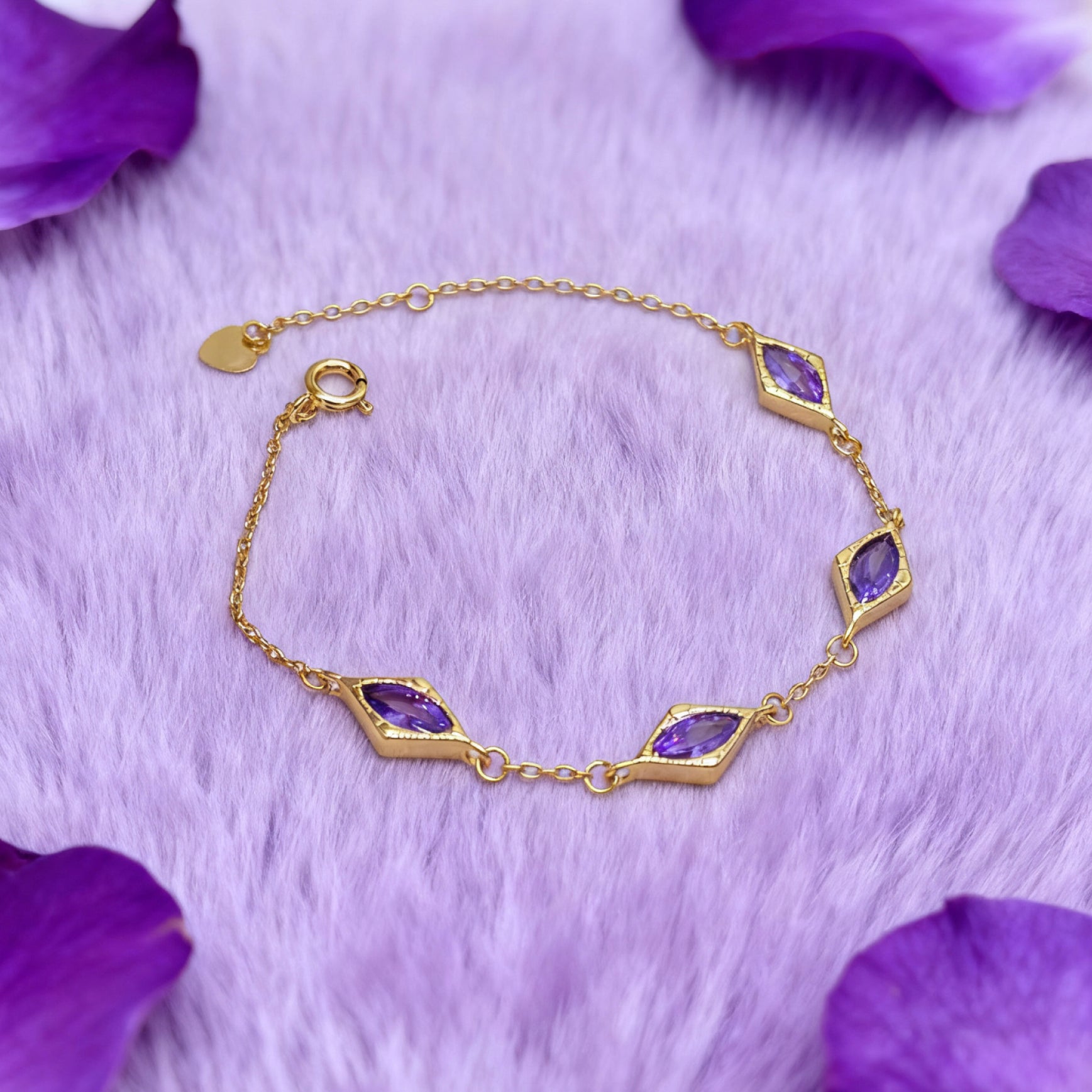 “Lien” Bracelet — Diamond-Link Faux Amethyst, 18K-Gold Plated
