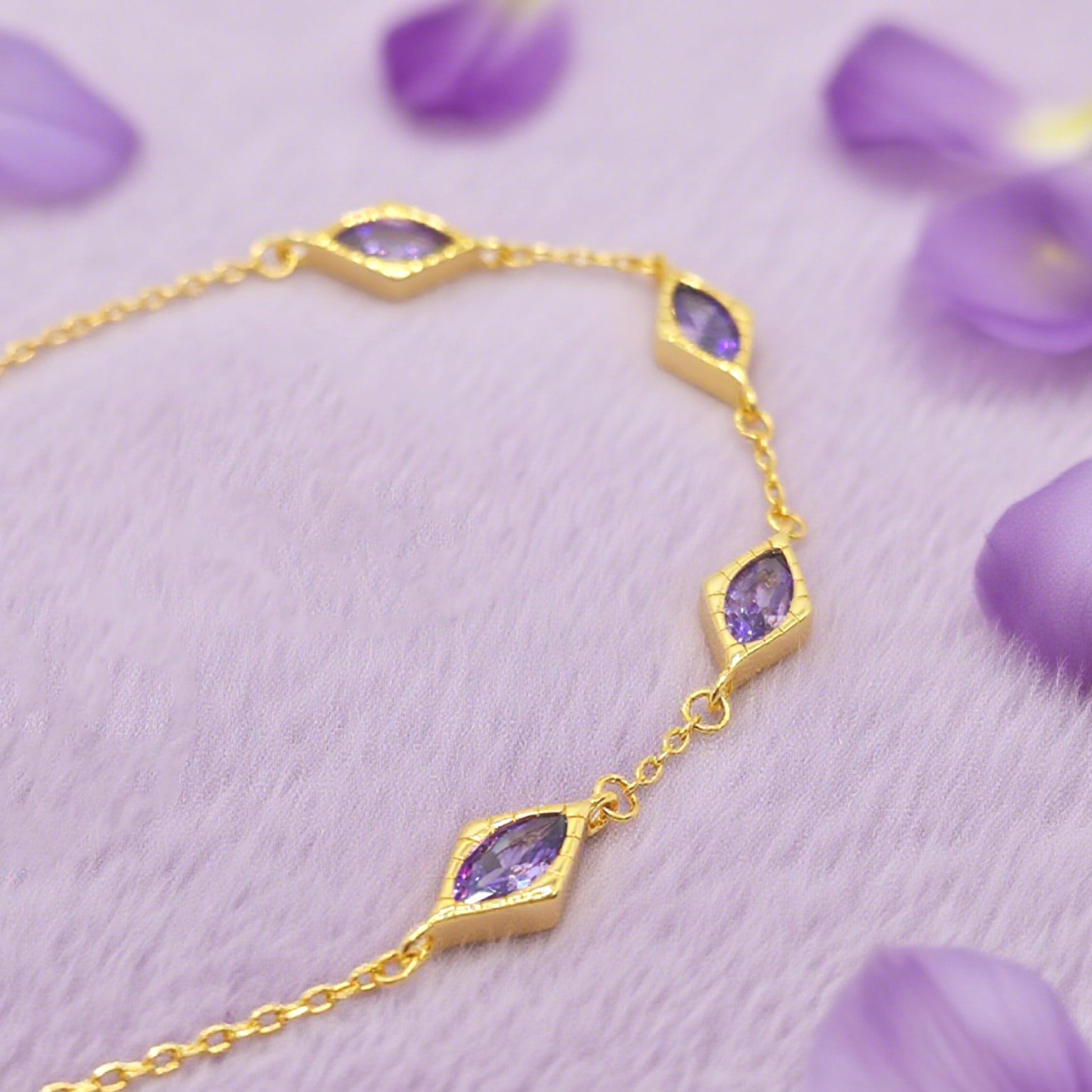 “Lien” Bracelet — Diamond-Link Faux Amethyst, 18K-Gold Plated
