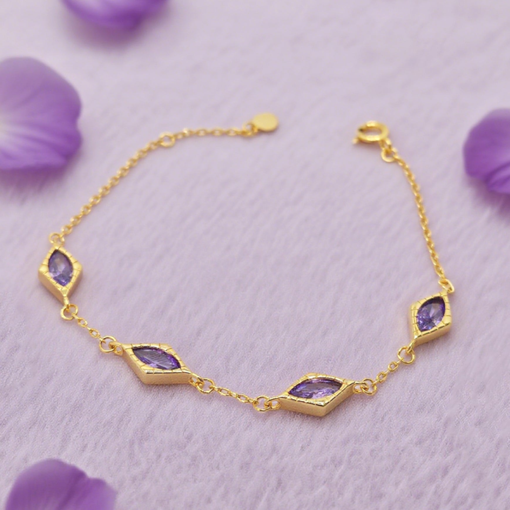 “Lien” Bracelet — Diamond-Link Faux Amethyst, 18K-Gold Plated