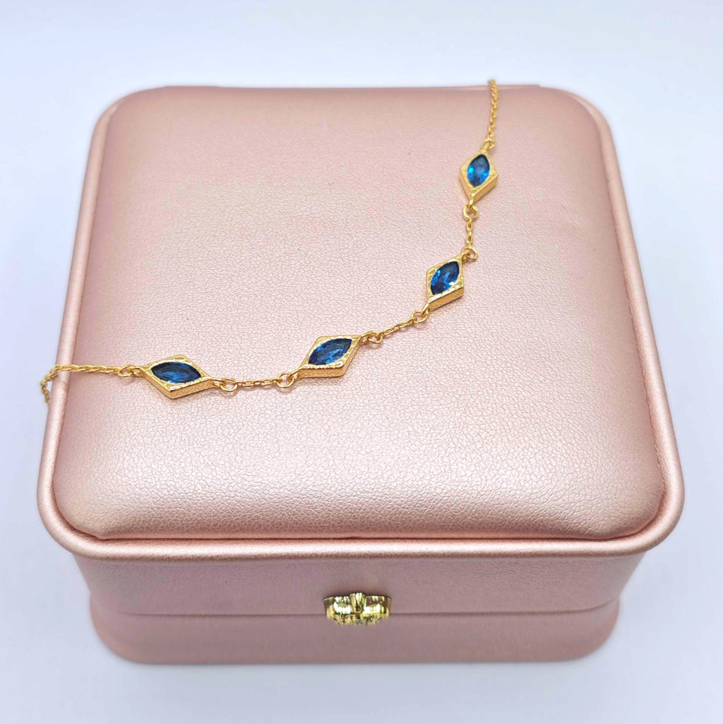 “Lien” Bracelet — Diamond-Link Faux Blue Topaz, 18K-Gold Plated