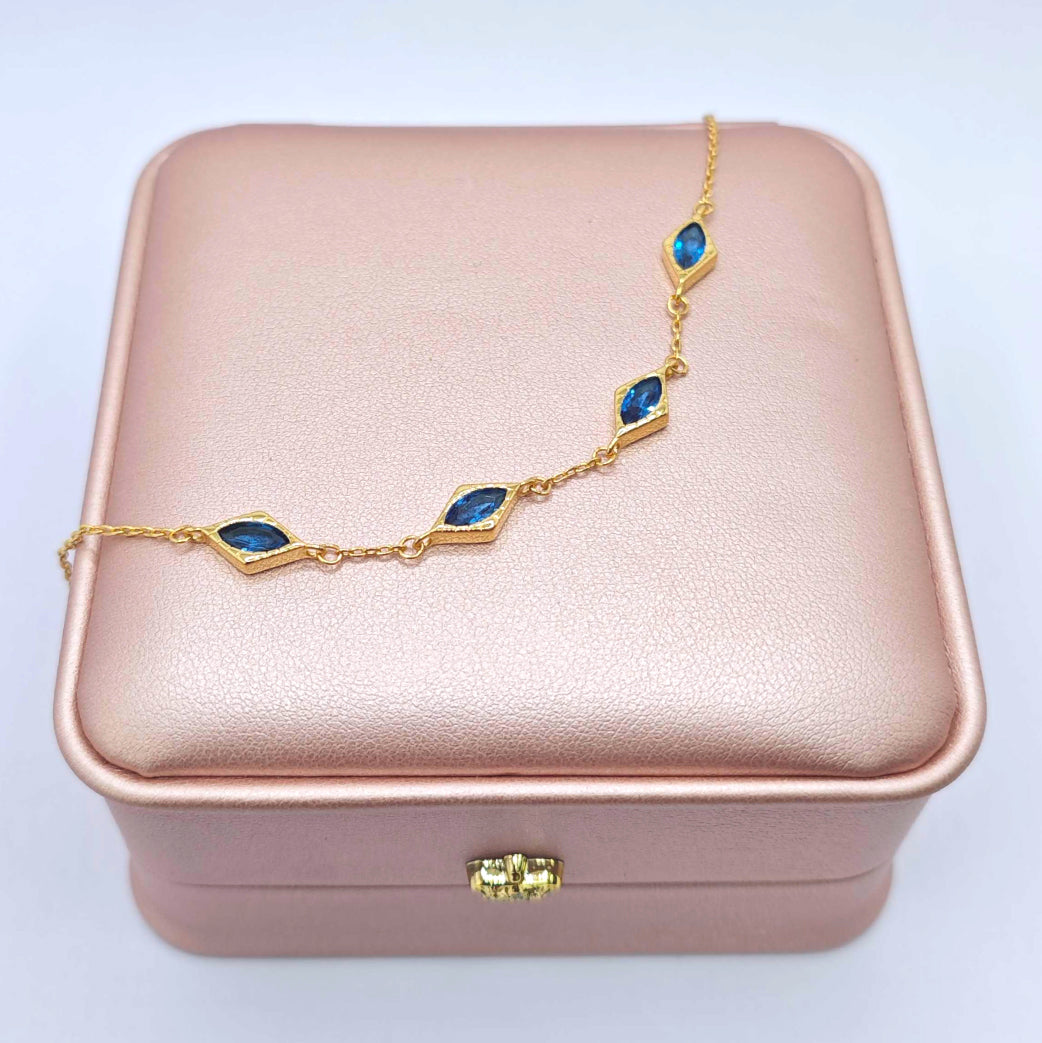 “Lien” Bracelet — Diamond-Link Faux Blue Topaz, 18K-Gold Plated
