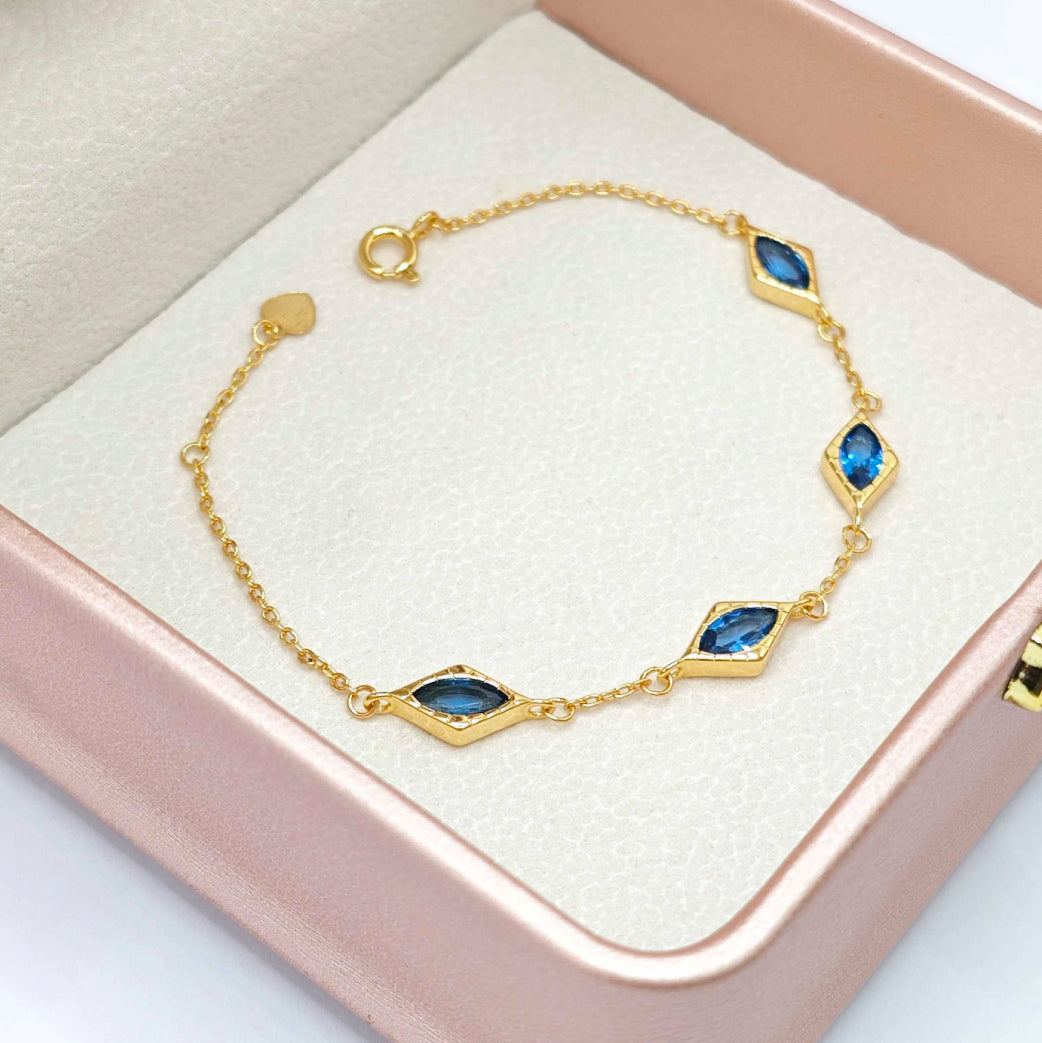 “Lien” Bracelet — Diamond-Link Faux Blue Topaz, 18K-Gold Plated