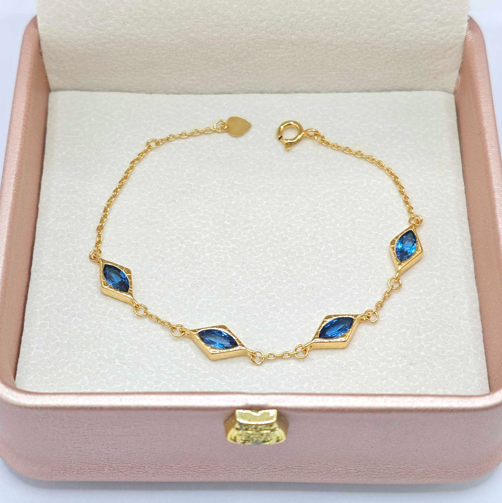 “Lien” Bracelet — Diamond-Link Faux Blue Topaz, 18K-Gold Plated