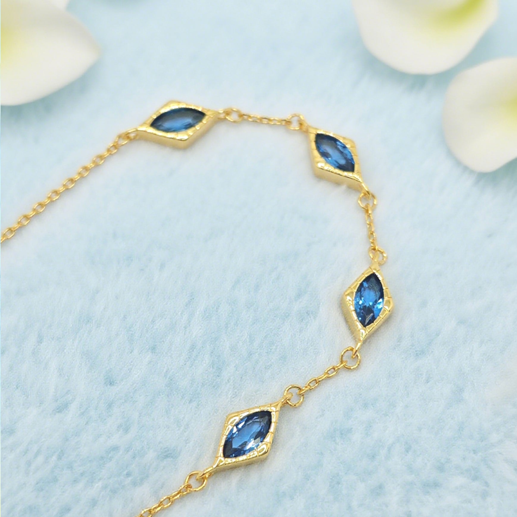 “Lien” Bracelet — Diamond-Link Faux Blue Topaz, 18K-Gold Plated