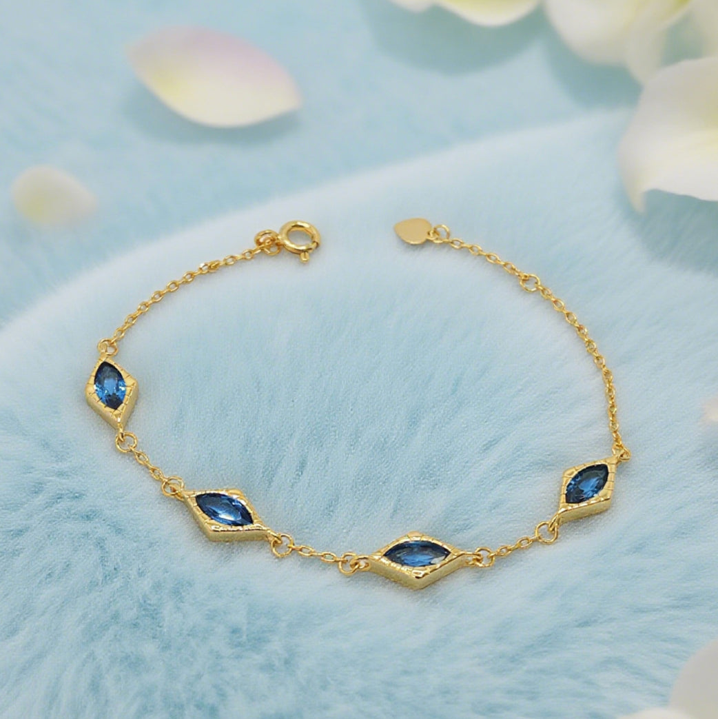 “Lien” Bracelet — Diamond-Link Faux Blue Topaz, 18K-Gold Plated