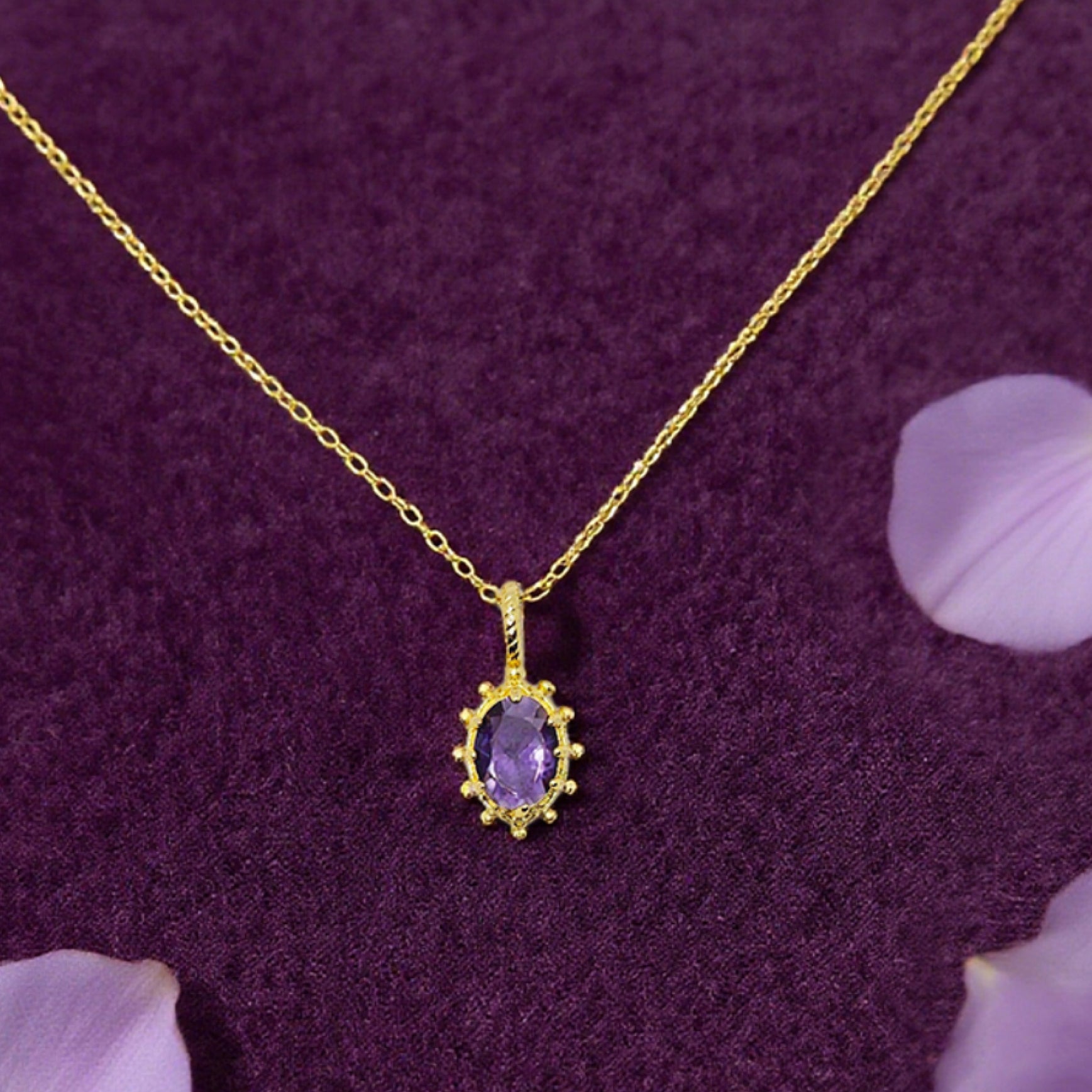 “Étreinte” Petite Heart Pendant Necklace — 14K Gold‑Plated, Purple Cubic Zircon