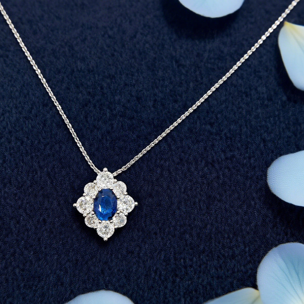 “Étreinte” Royal Halo Pendant Necklace — Platinum‑Tone, Tanzanite‑Blue L’Ardeur Crystal