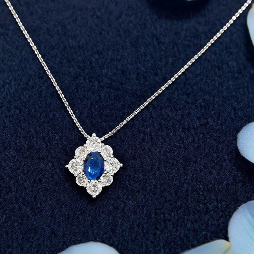 “Étreinte” Royal Halo Pendant Necklace — Platinum‑Tone, Tanzanite‑Blue L’Ardeur Crystal