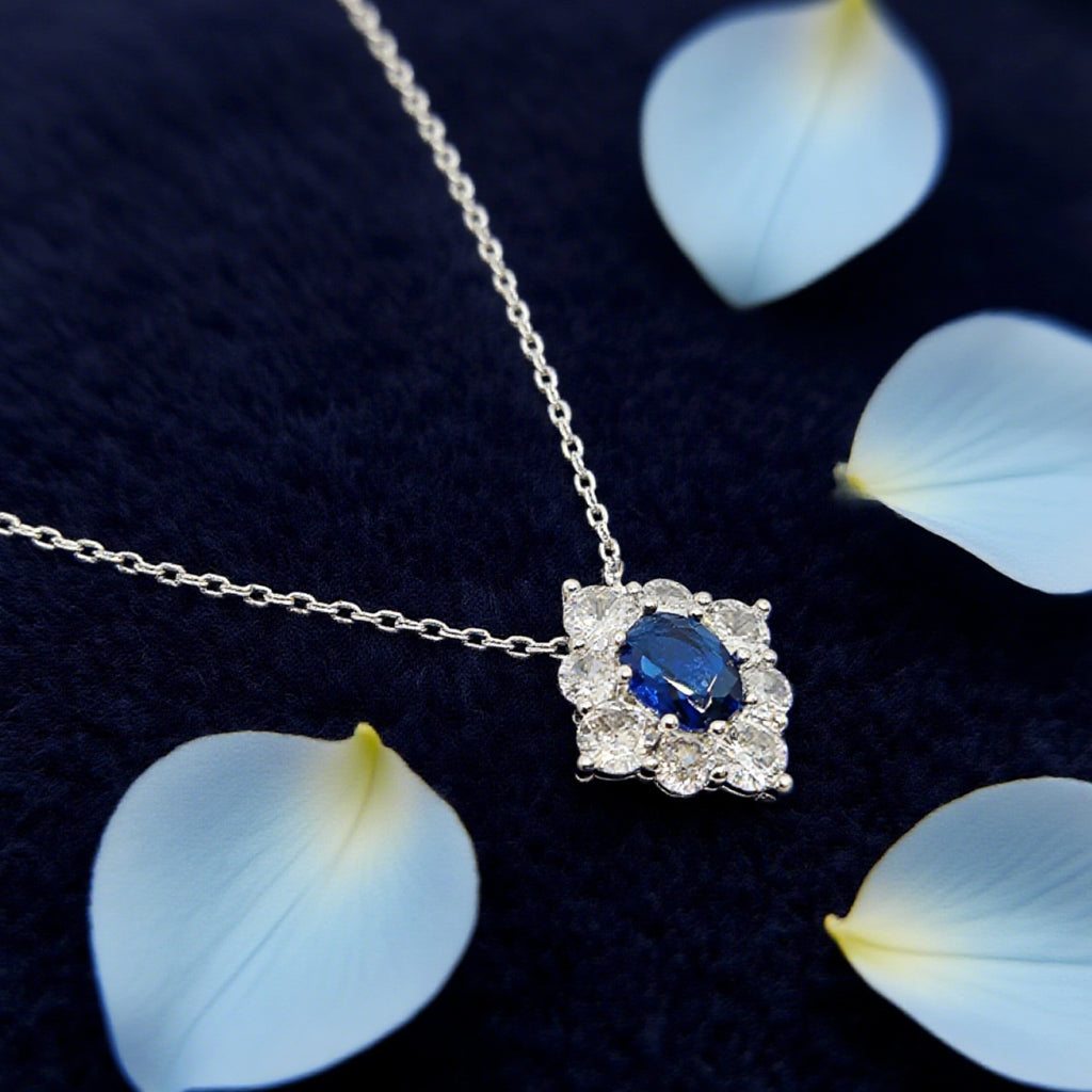 “Étreinte” Royal Halo Pendant Necklace — Platinum‑Tone, Tanzanite‑Blue L’Ardeur Crystal