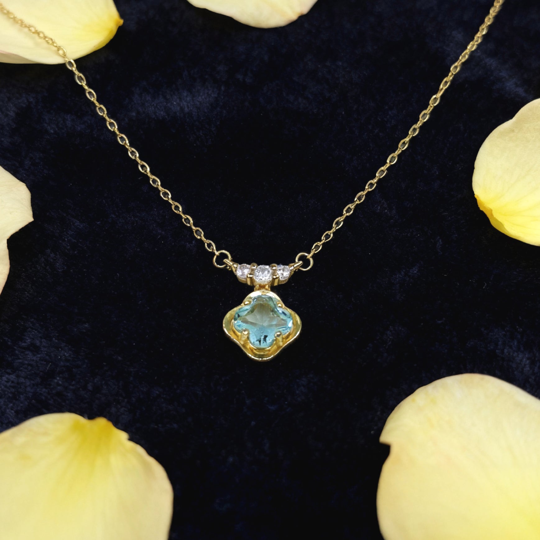 “Étreinte” French Cross Blue Topaz-Style Pendant Necklace — 14K Gold‑Plated
