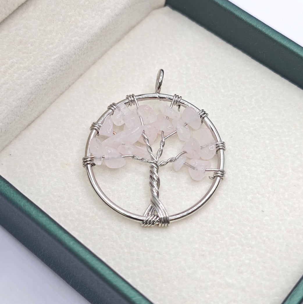 “Léger” Tree of Life Pendant — Rose Quartz Chips