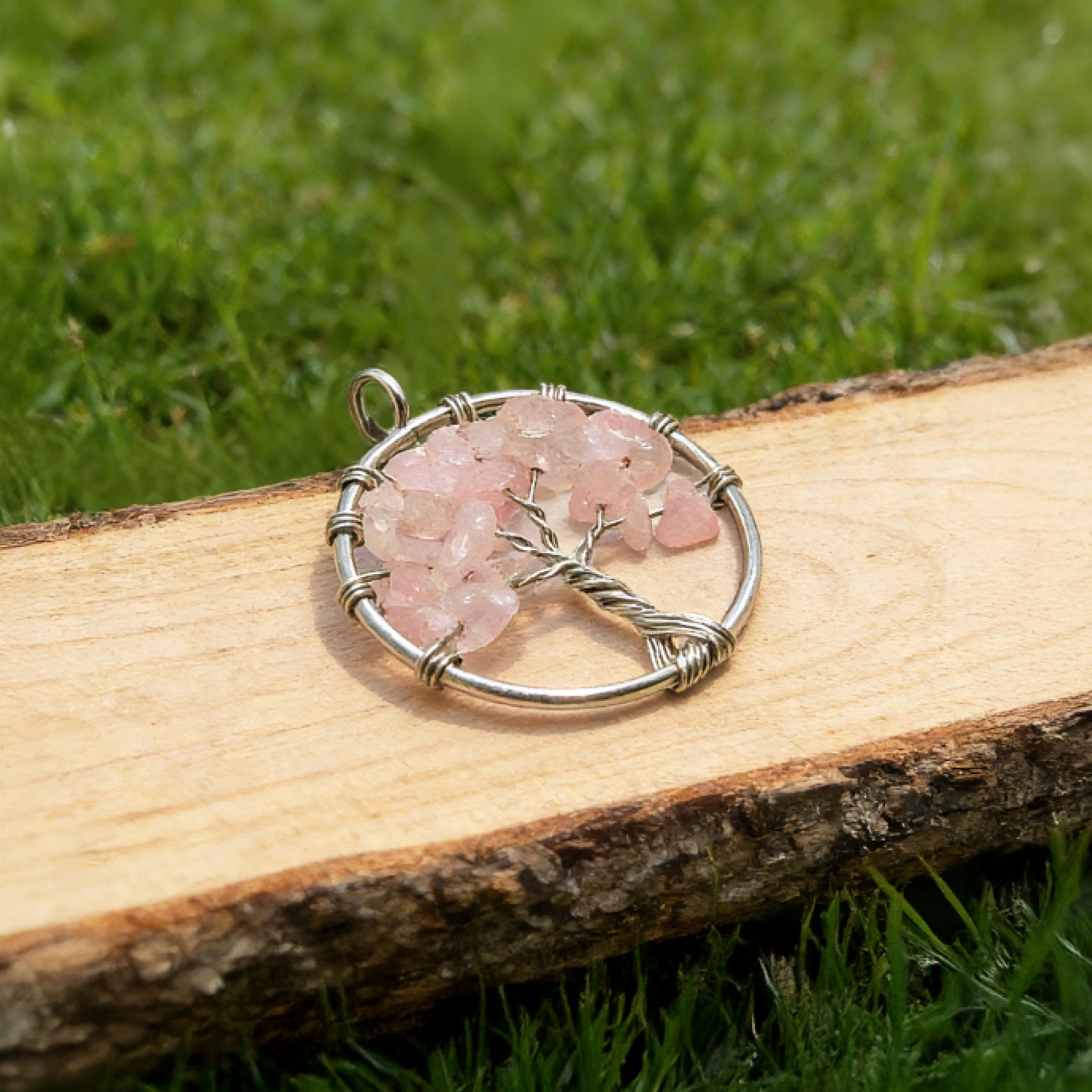 “Léger” Tree of Life Pendant — Rose Quartz Chips