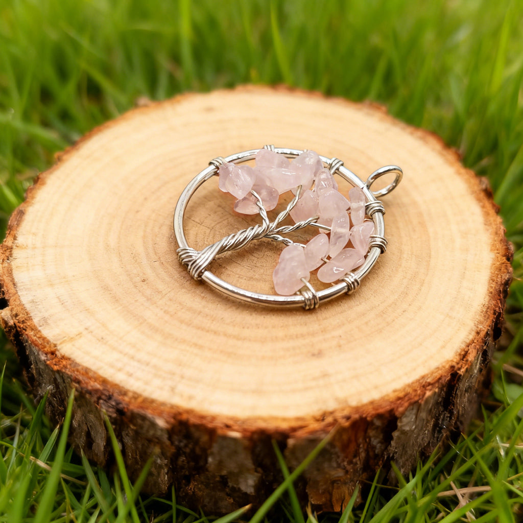 “Léger” Tree of Life Pendant — Rose Quartz Chips
