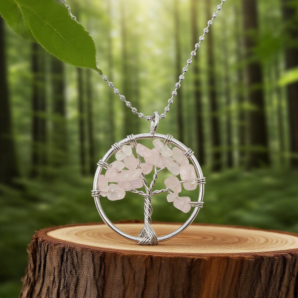 “Léger” Tree of Life Pendant — Rose Quartz Chips