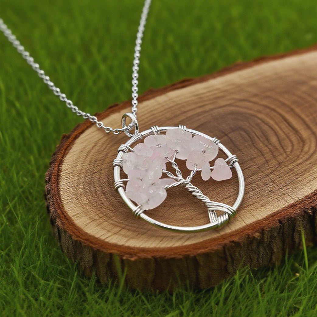 “Léger” Tree of Life Pendant — Rose Quartz Chips