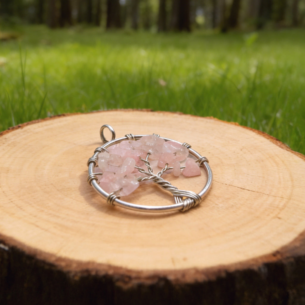 “Léger” Tree of Life Pendant — Rose Quartz Chips