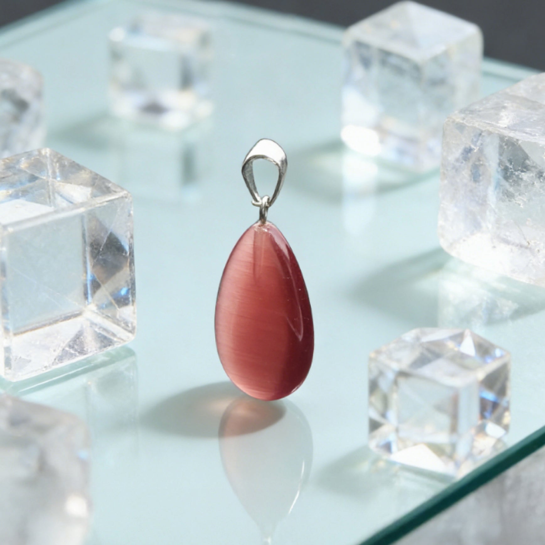 “Léger” Teardrop Pendant — Synthetic Cat’s Eye, Magenta