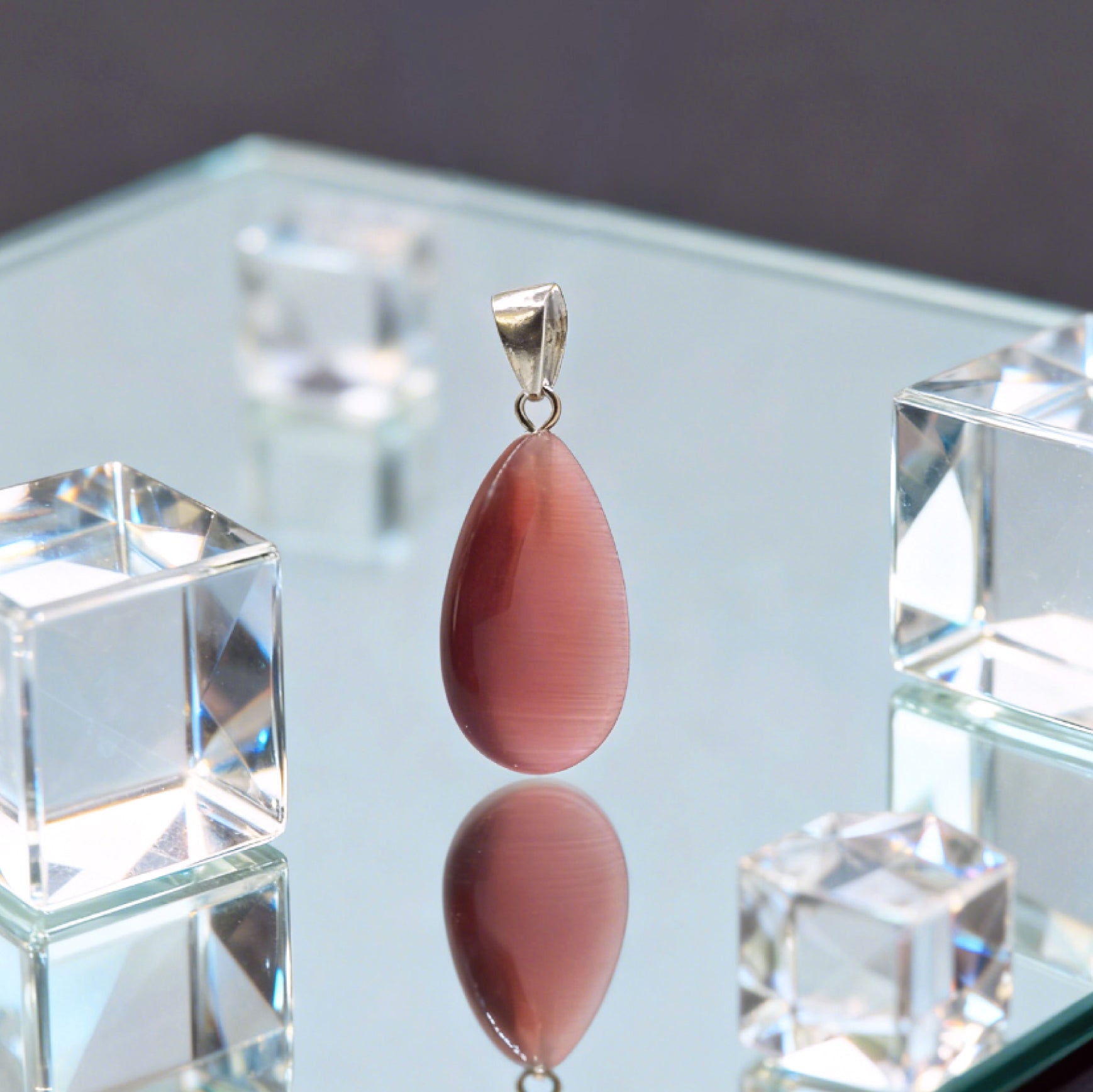 “Léger” Teardrop Pendant — Synthetic Cat’s Eye, Magenta
