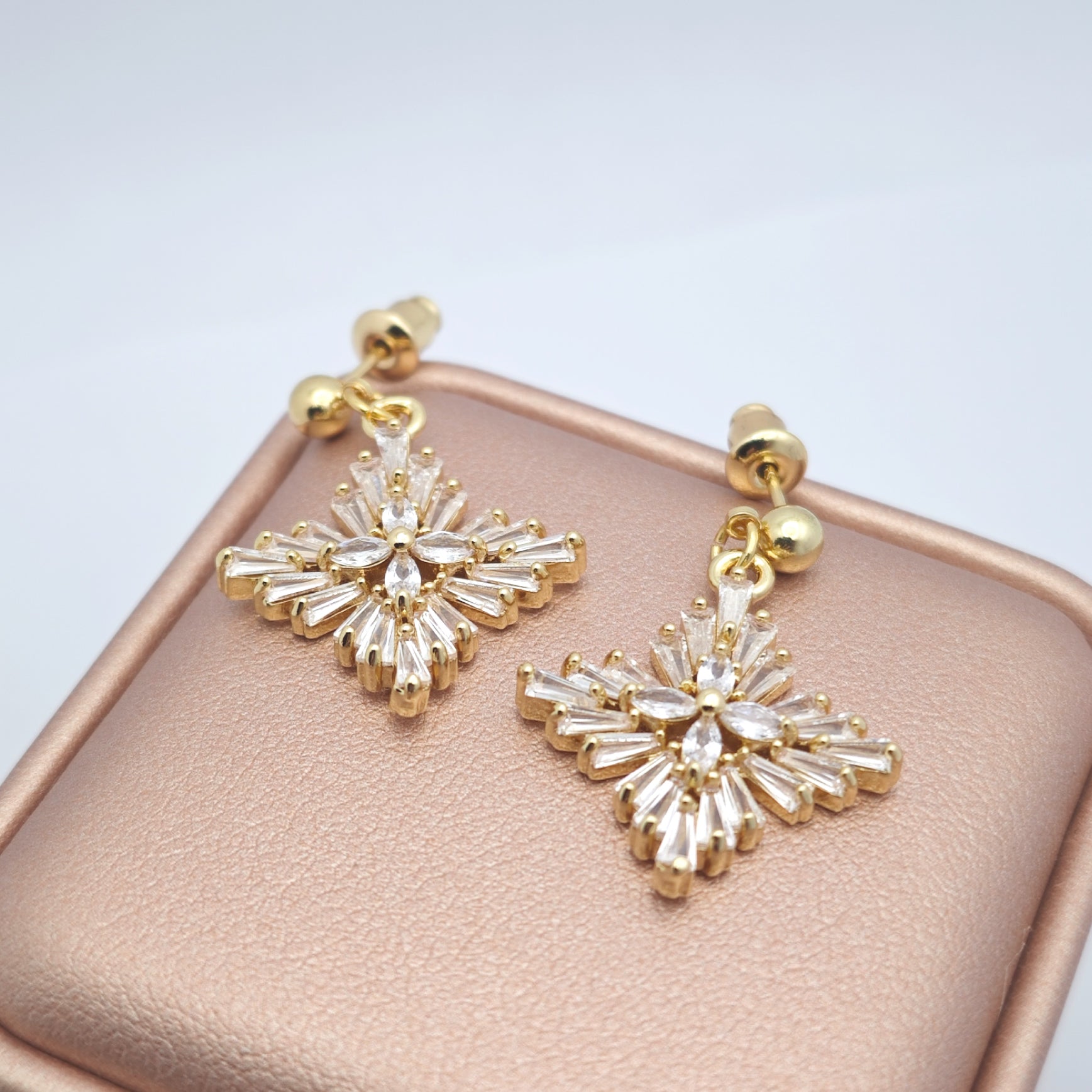 “Éclat” Frosted Starburst Drop Earrings — 18K Gold‑Plated, White‑Crystal Style
