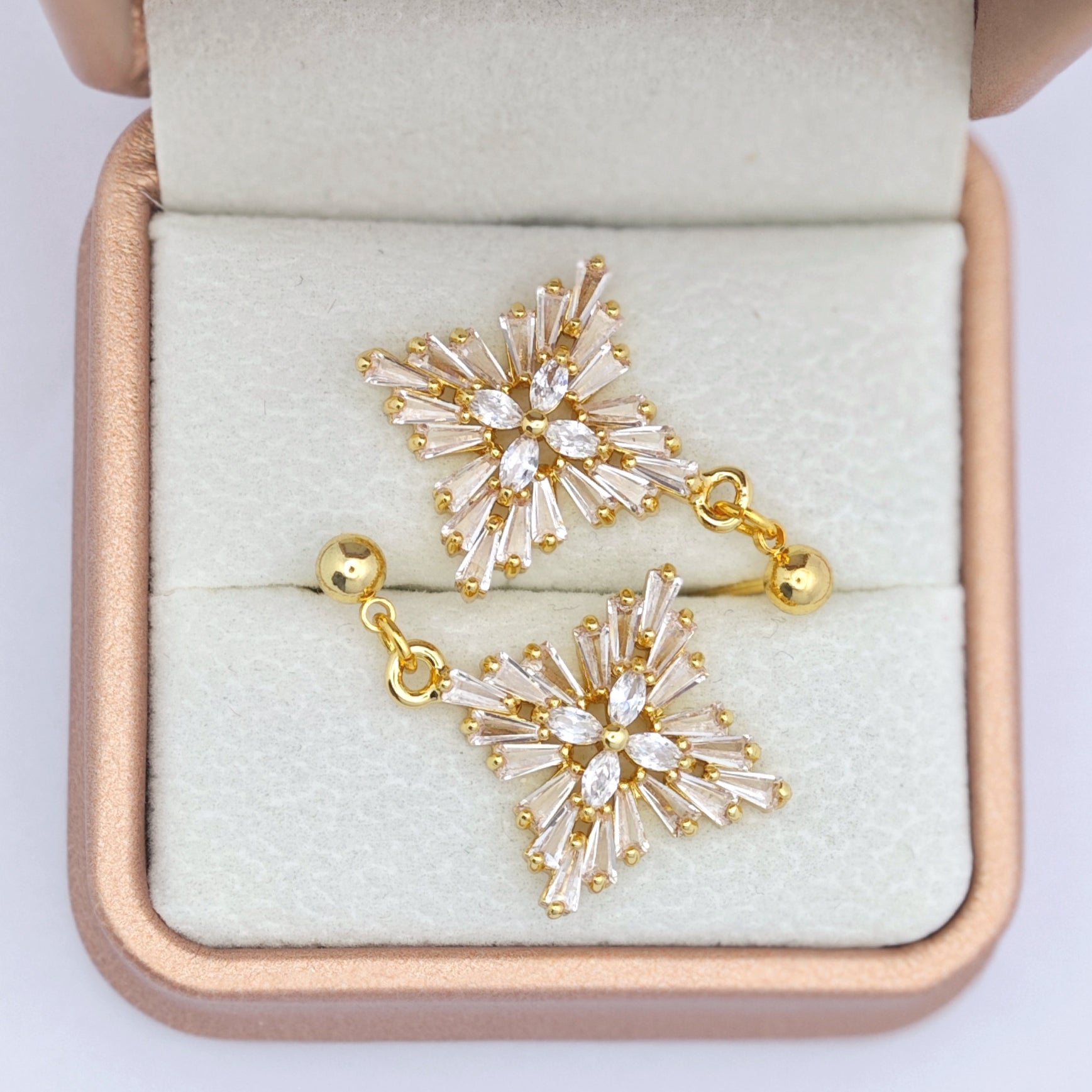 “Éclat” Frosted Starburst Drop Earrings — 18K Gold‑Plated, White‑Crystal Style
