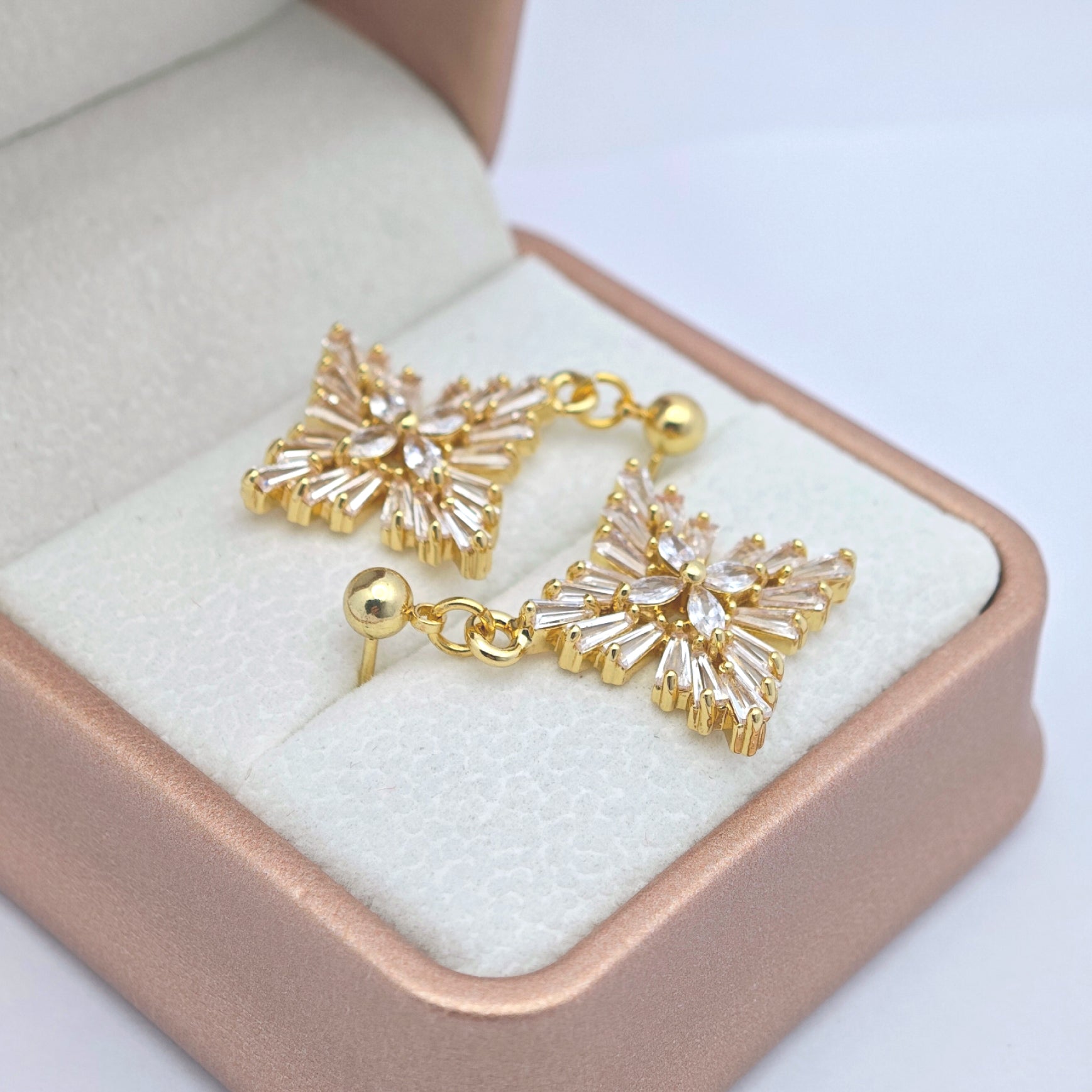 “Éclat” Frosted Starburst Drop Earrings — 18K Gold‑Plated, White‑Crystal Style