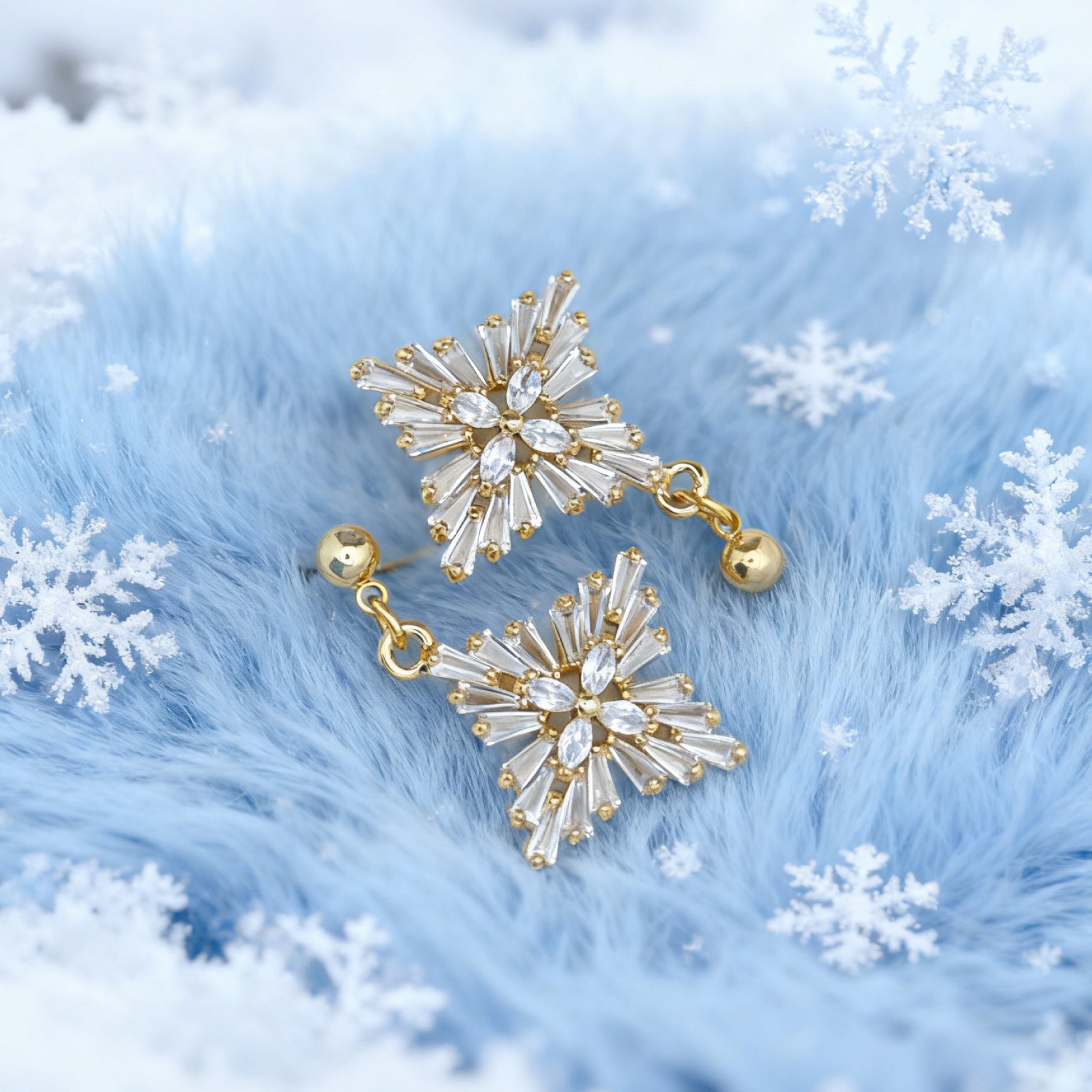 “Éclat” Frosted Starburst Drop Earrings — 18K Gold‑Plated, White‑Crystal Style