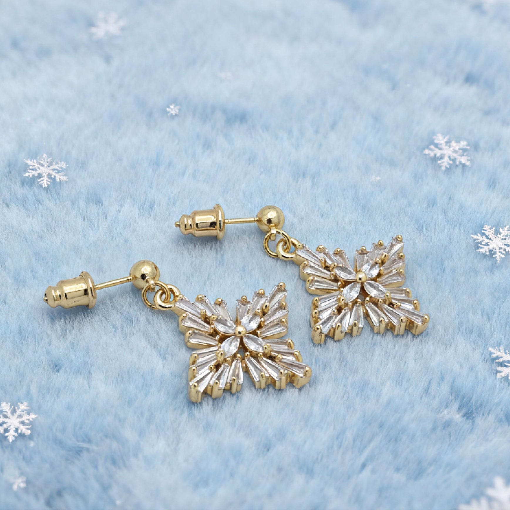 “Éclat” Frosted Starburst Drop Earrings — 18K Gold‑Plated, White‑Crystal Style