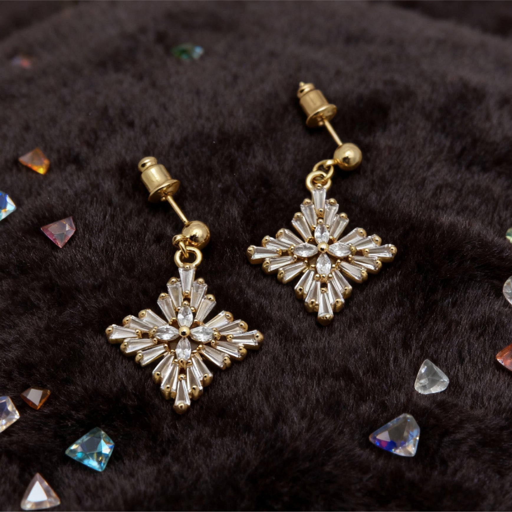 “Éclat” Frosted Starburst Drop Earrings — 18K Gold‑Plated, White‑Crystal Style