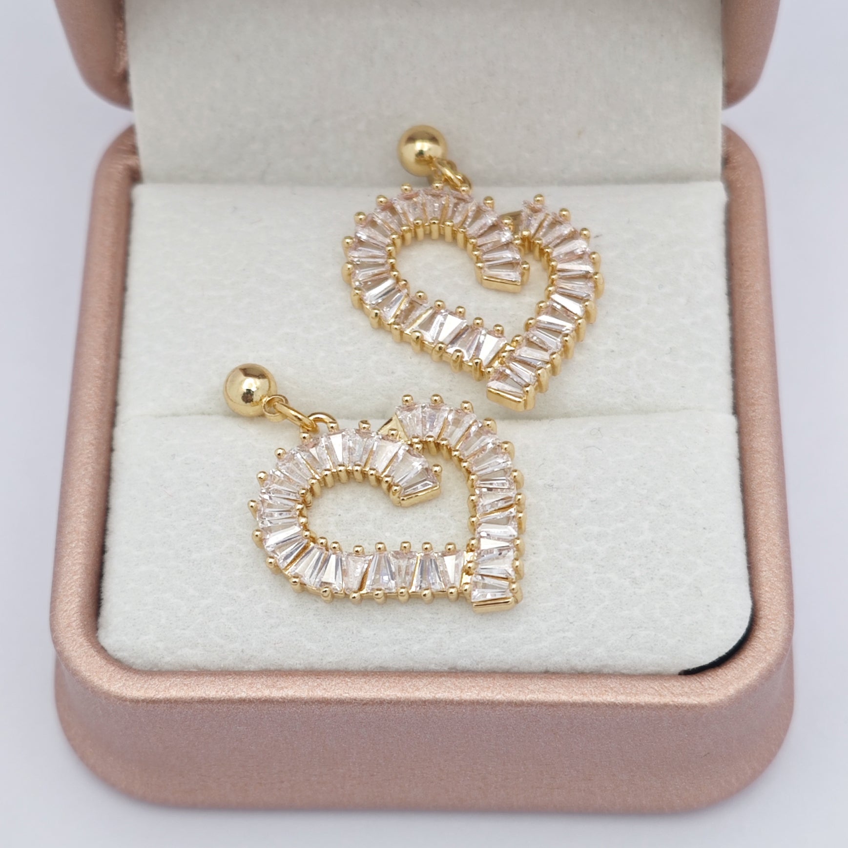 “Éclat” Baguette Heart Drop Earrings — 18K Gold‑Plated, Diamond-Style