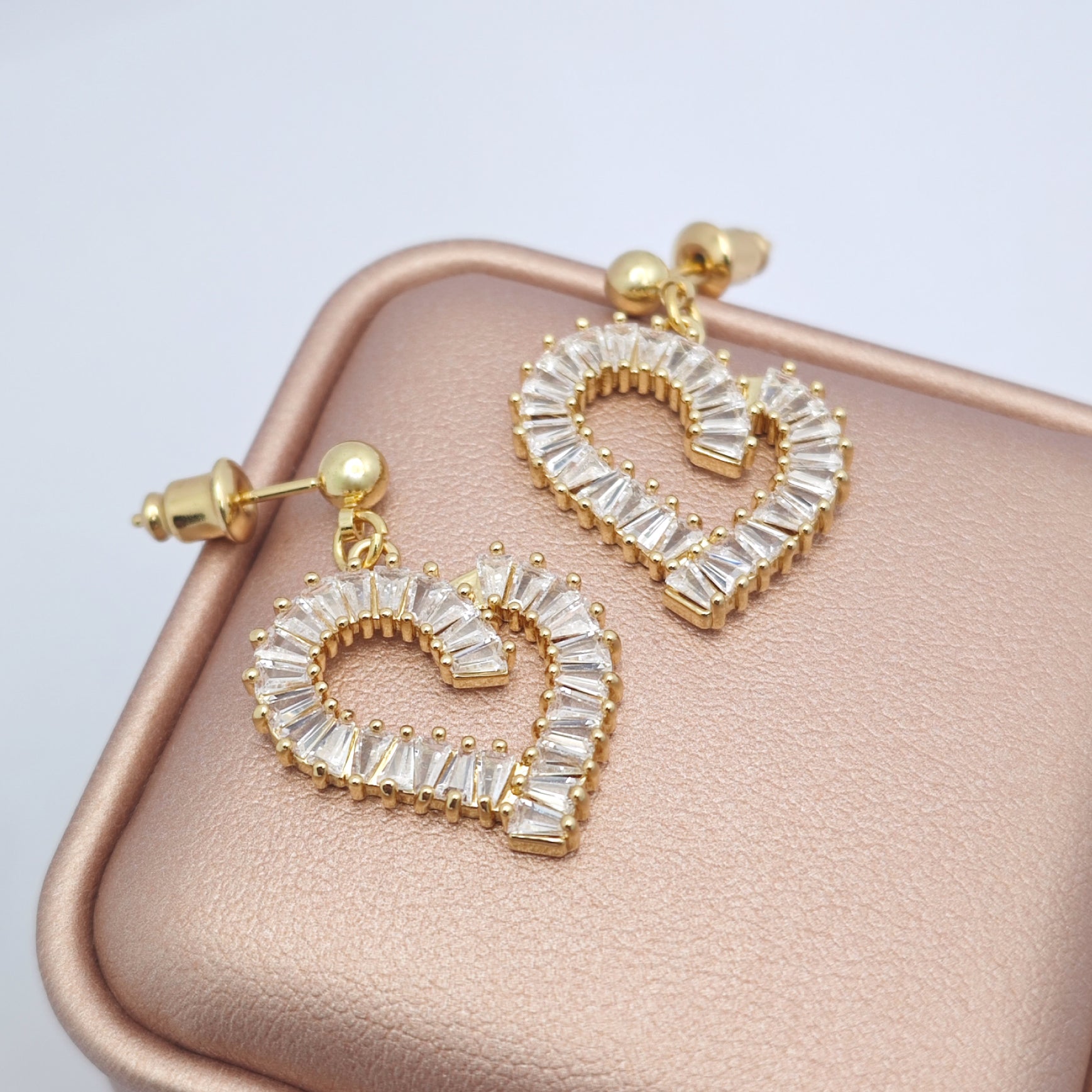 “Éclat” Baguette Heart Drop Earrings — 18K Gold‑Plated, Diamond-Style