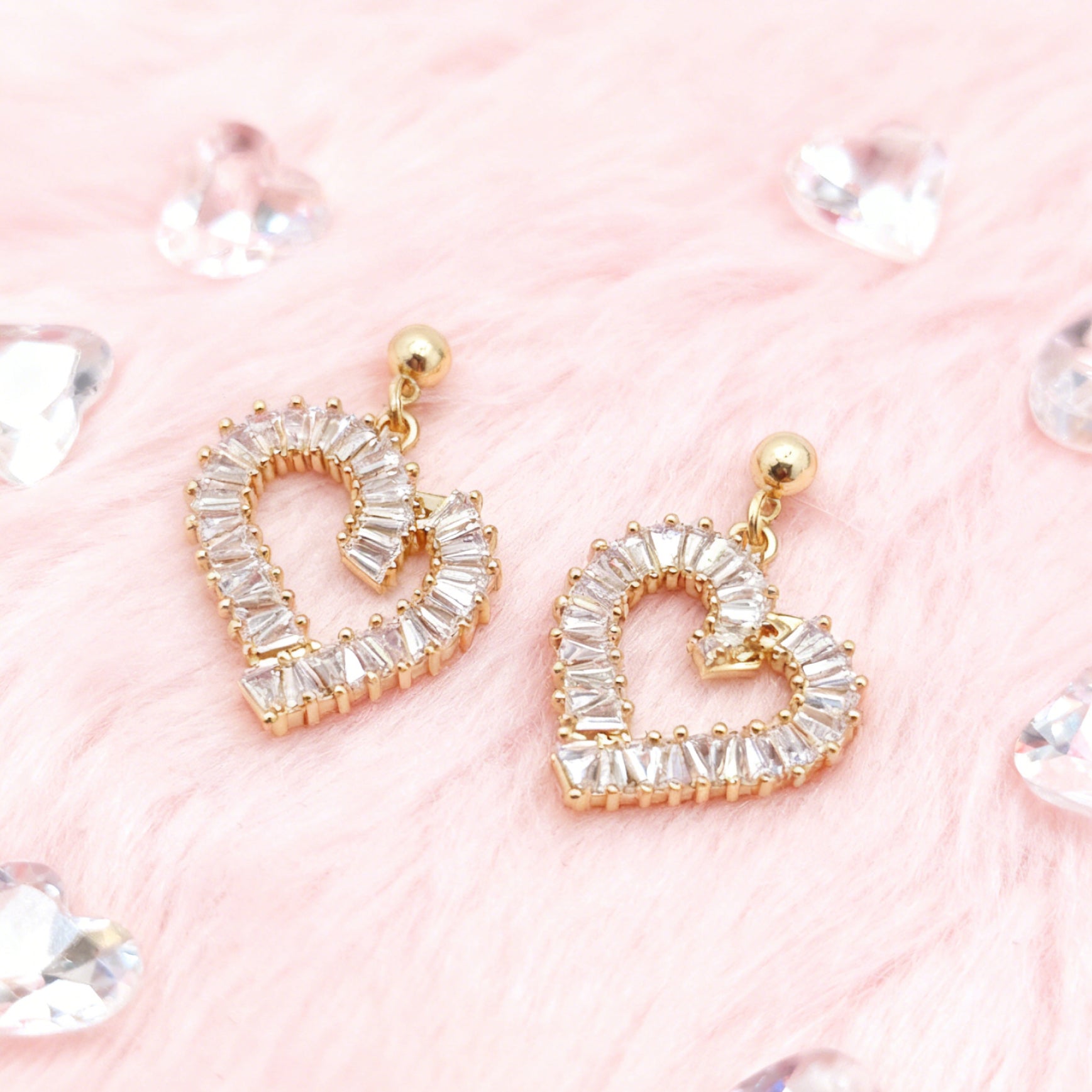 “Éclat” Baguette Heart Drop Earrings — 18K Gold‑Plated, Diamond-Style