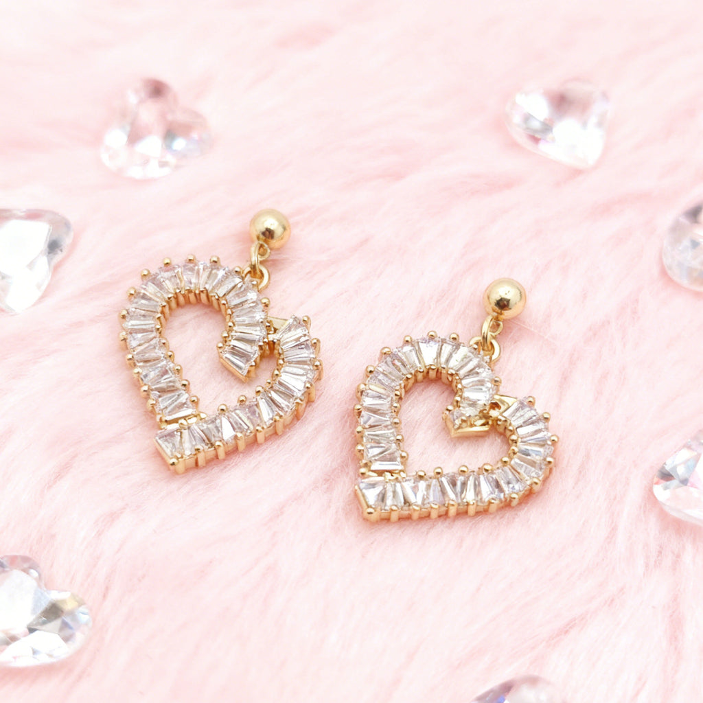 “Éclat” Baguette Heart Drop Earrings — 18K Gold‑Plated, Diamond-Style