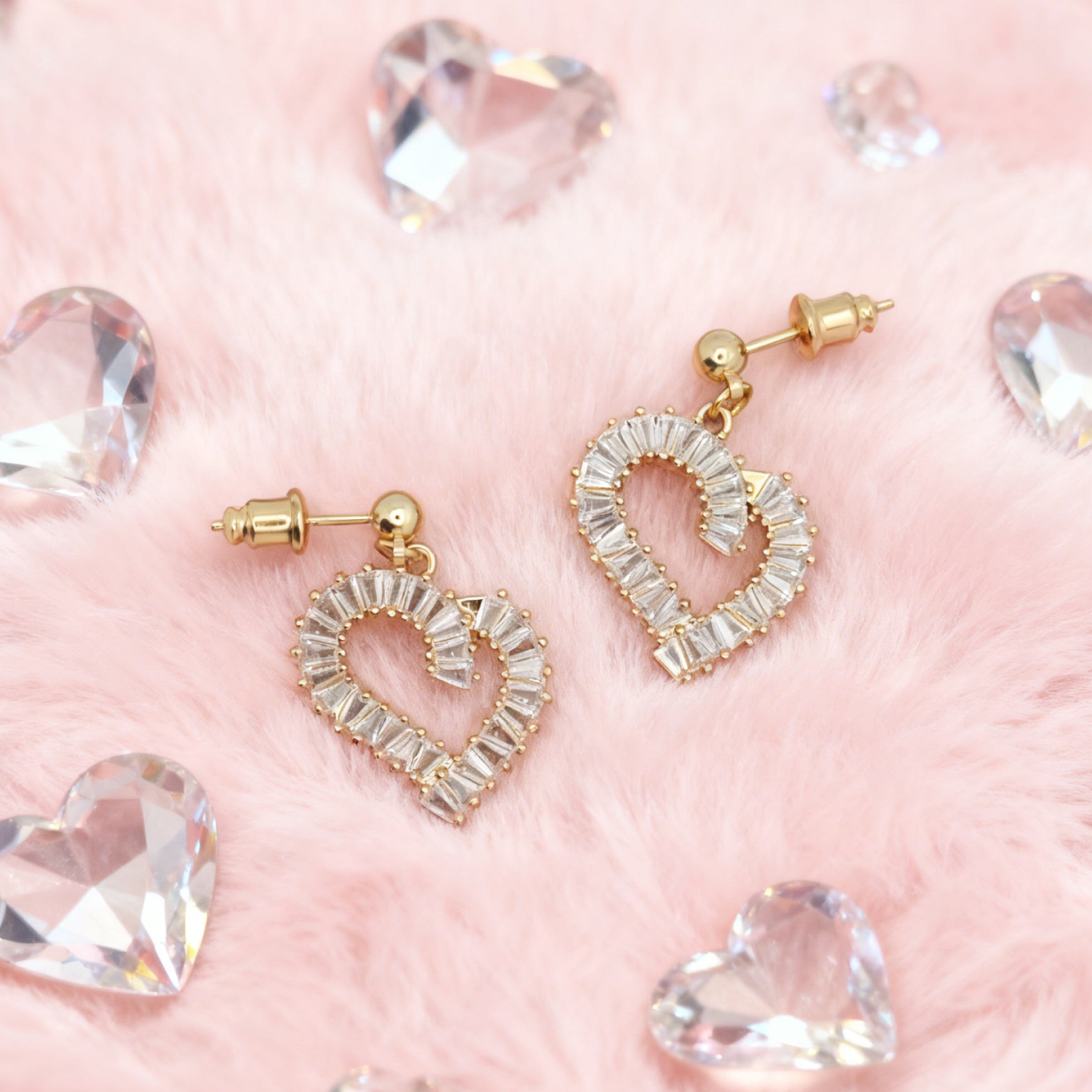 “Éclat” Baguette Heart Drop Earrings — 18K Gold‑Plated, Diamond-Style