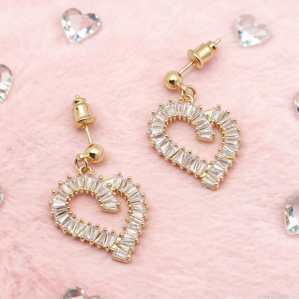“Éclat” Baguette Heart Drop Earrings — 18K Gold‑Plated, Diamond-Style