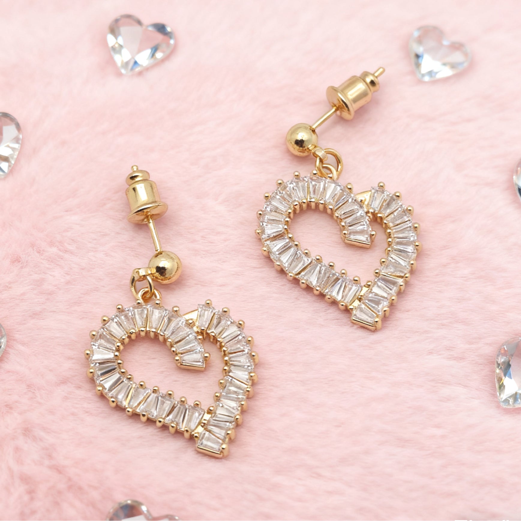 “Éclat” Baguette Heart Drop Earrings — 18K Gold‑Plated, Diamond-Style