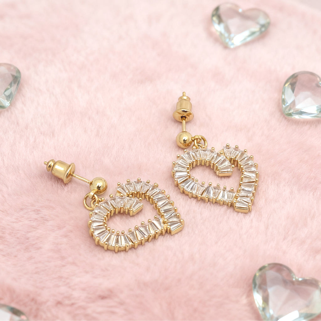 “Éclat” Baguette Heart Drop Earrings — 18K Gold‑Plated, Diamond-Style
