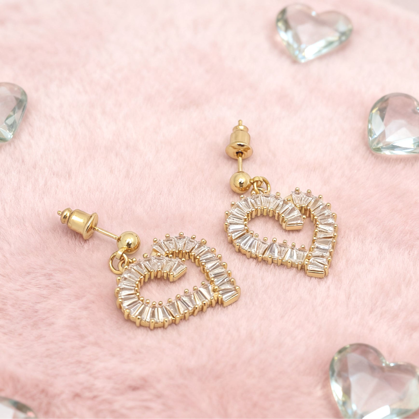 “Éclat” Baguette Heart Drop Earrings — 18K Gold‑Plated, Diamond-Style