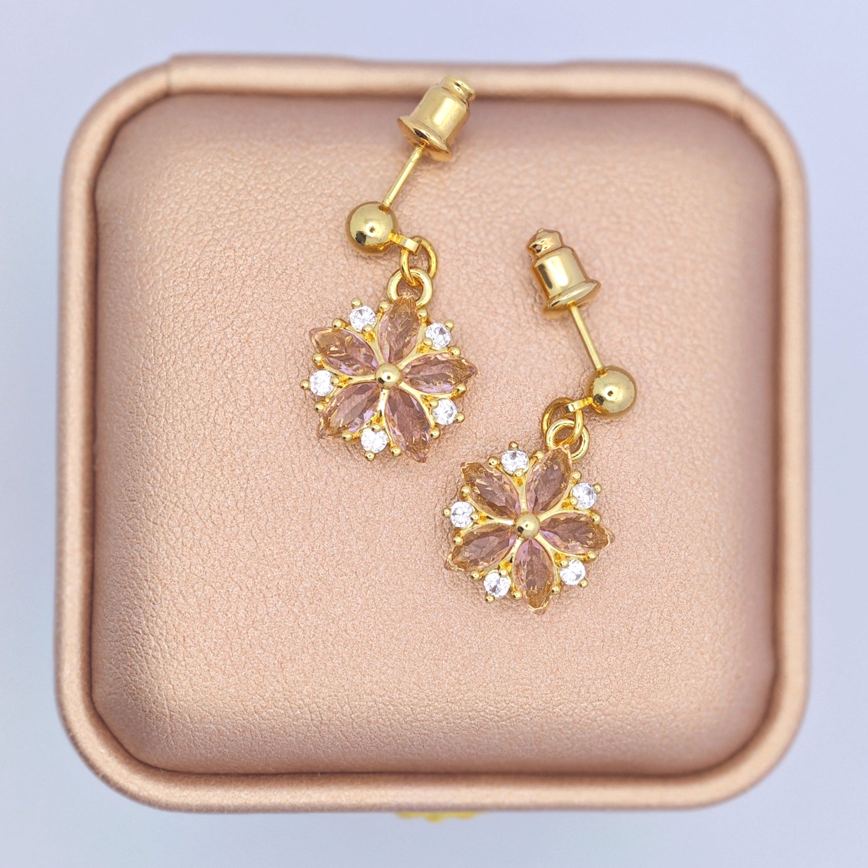 “Éclat” Blush Sakura Drop Earrings — 18K Gold‑Plated, Pink Cubic Zirconia