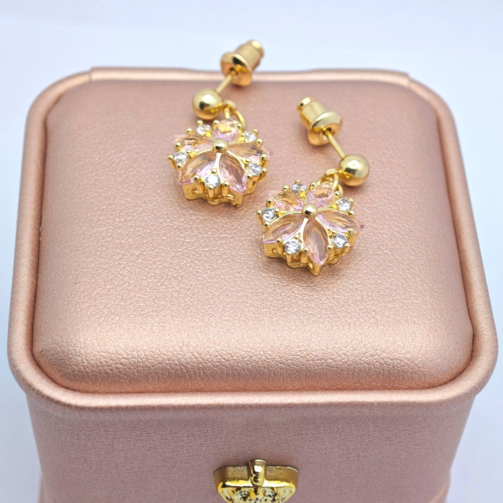 “Éclat” Blush Sakura Drop Earrings — 18K Gold‑Plated, Pink Cubic Zirconia