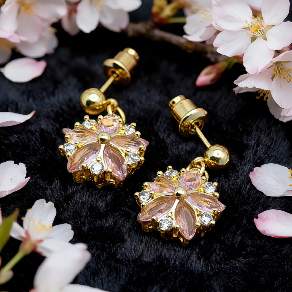 Boucles d'oreilles pendantes « Éclat » Blush Sakura — Plaqué or 18 carats, oxyde de zirconium rose