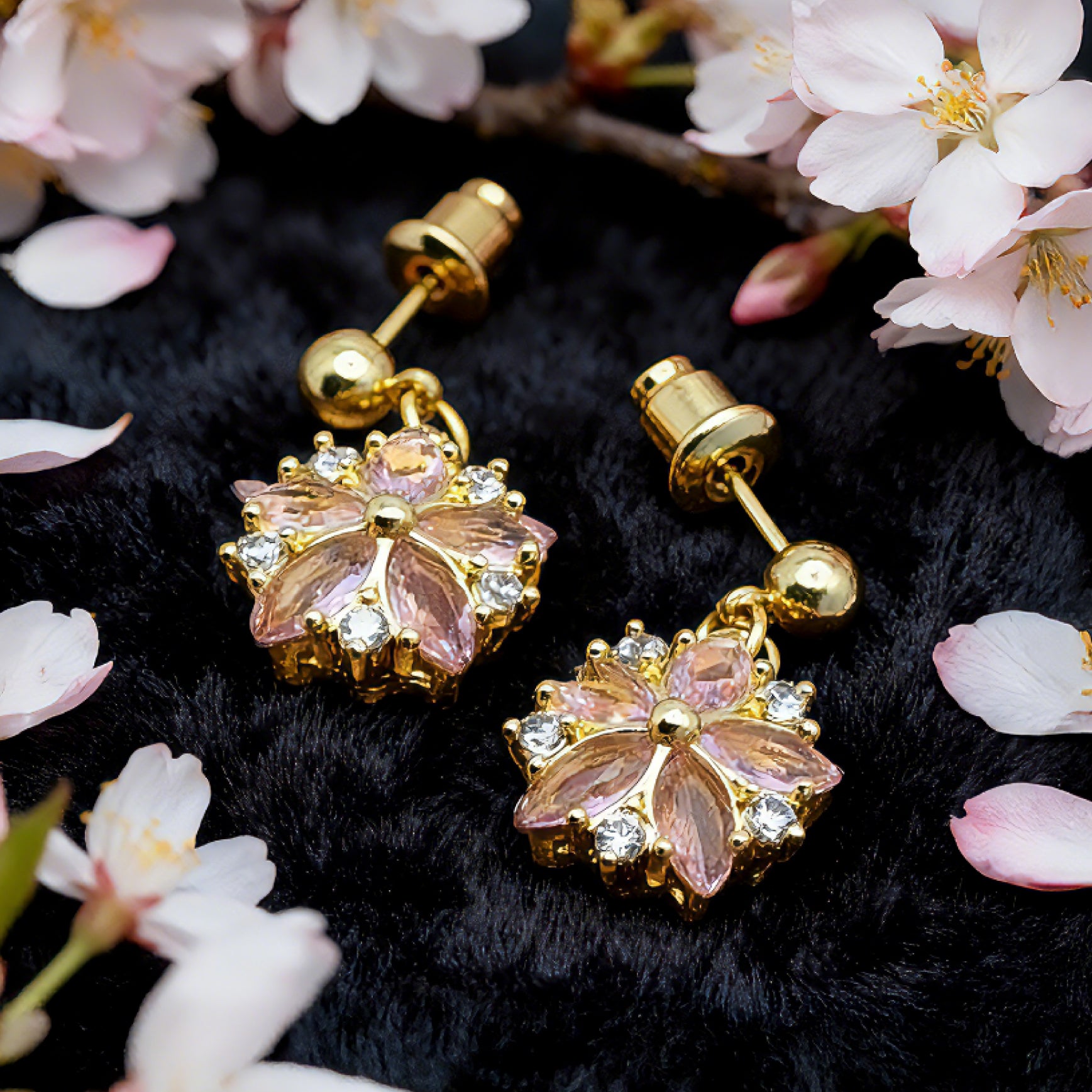 “Éclat” Blush Sakura Drop Earrings — 18K Gold‑Plated, Pink Cubic Zirconia
